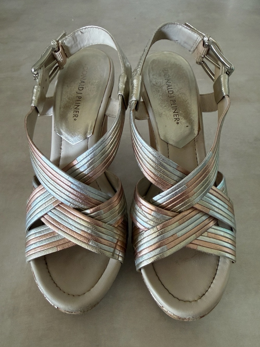 Donald J Pliner wedge sandals. Pretty multi-tone metallic finish. 4” wood heel.